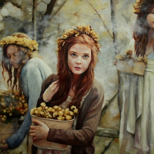 May include: Three women wearing floral crowns and holding baskets of yellow flowers in a forest setting. The women are dressed in flowing robes and are surrounded by smoke.
