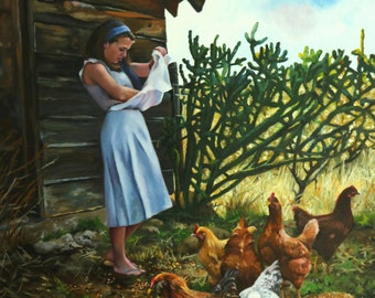 SALE Feeding Time original oil portrait 30x20" narrative figurative classical figure painting by Kimberly Dow
