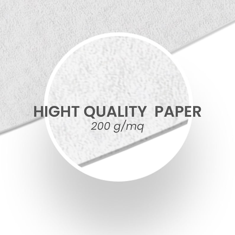 May include: Close-up of a white textured paper with the text "HIGHT QUALITY PAPER 200 g/mq" printed on it.