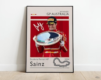 Carlos Sainz Poster, Australian GP Winner 2024 with Ferrari, Formula 1 Print, F1 Fan Gift, Formula One Poster