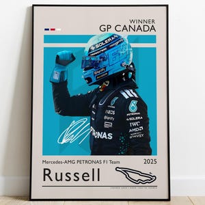 George Russell Poster,  vincitore GP Canada 2025, decorazione parete Formula 1, regalo fan motorsport, stampa F1