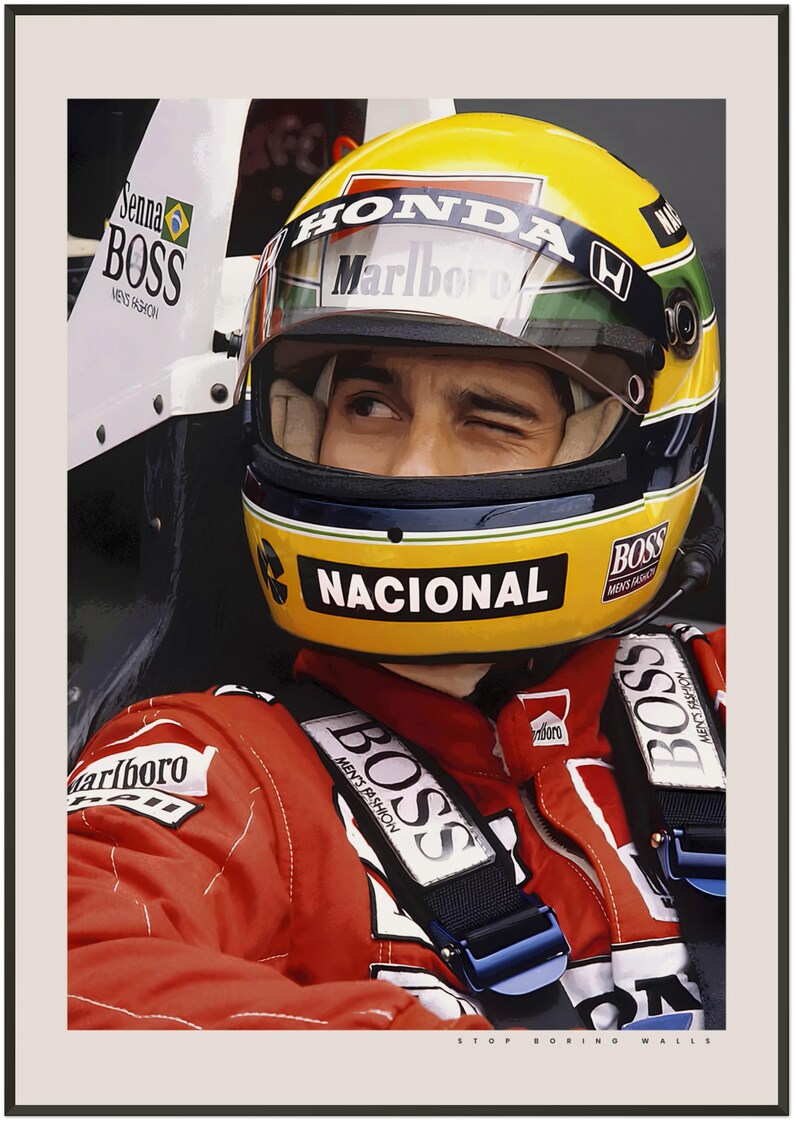 May include: A close-up of a race car driver wearing a yellow and blue helmet with the word "NACIONAL" on the front. The driver is wearing a red racing suit with the word "BOSS" on the chest and shoulders. The driver is winking at the camera.