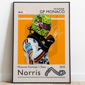 Lando Norris Poster, Vincitore GP di Monaco 2025 con McLaren, F1 Racing Print, Formula 1 Wall Art, Regalo Fan Formula Uno