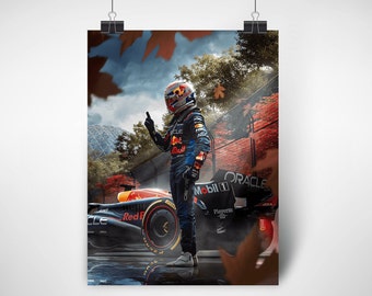 May include: A Formula One race car driver in a blue and red racing suit gives a thumbs up while standing next to a black and red Formula One race car with the words "Red Bull" and "Oracle" on it.