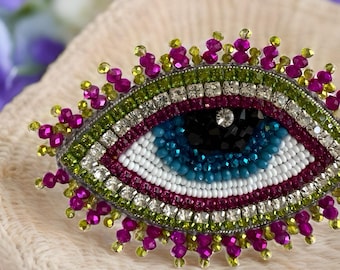 Colorful Beaded Evil Eye Brooch ,Handmade Protective Eye Pin, Statement Jewelry