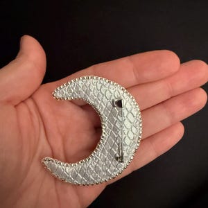 May include: A silver crescent moon brooch with a textured, snake-skin like design. The brooch has a silver pin and catch on the back.