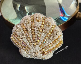 Handmade Beaded Seashell Brooch,Crystal & Pearl Pin