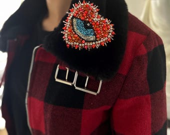 Handmade Beaded Heart Eye Brooch ,Red Crystal Statement Pin, Embroidered Jewelry