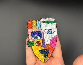 Handmade Beaded Face Brooch,Colorful Picasso Art Pin