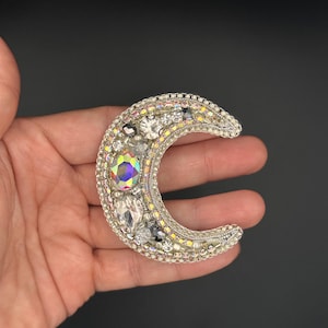 moon brooch, crescent moon pin, crystal moon accessory, moon lover gift, silver moon brooch, cosmic fashion, moon crystal pin, mystical gift