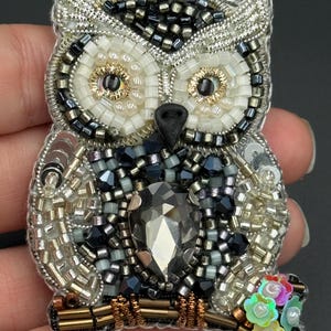 Handmade Beaded Owl Brooch , Crystal Embroidery Jewelry Pin with Floral Detail
