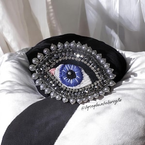 Handmade Evil Eye Beaded Brooch – Embroidered Eye Pin with Pearls and Crystals, Statement Jewelry, Nazar Pin, Gift for Mom, Anniversary Gift