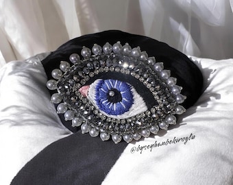 Handmade Evil Eye Brooch,Embroidered Pin with Pearls & Crystals