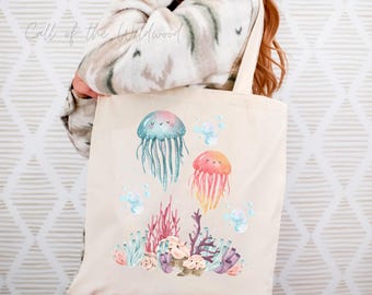 Jellyfish Cotton Tote Bag, Nautical Beach Shopping Bag