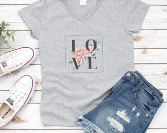 Floral Love Graphic Tee, Women's V-Neck T-Shirt