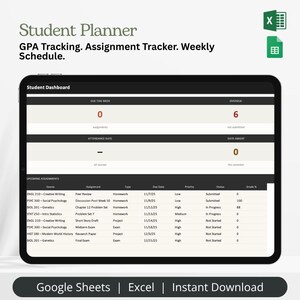 May include: A digital student planner displayed on a tablet screen, featuring a dashboard with GPA tracking, assignment lists, and weekly schedules. The interface includes sections for due assignments, attendance, and course details compatible with Excel and Google Sheets.
