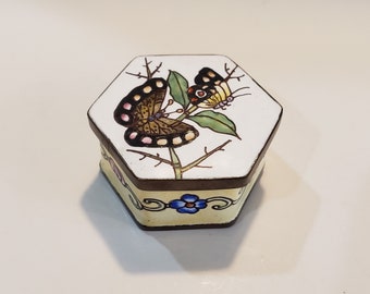 Painted Enamel and Brass Hexagon Trinket Box with Butterflies