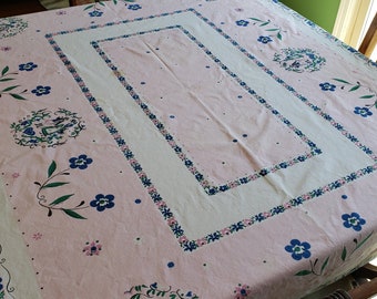 Vintage Linen Rectangular Tablecloth Print Print Pink, Blue and Green with Floral and People