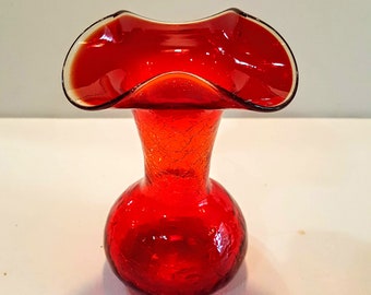 Red Amberina Crackle Blown Glass Vase