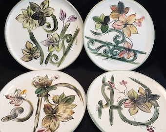 Set of Four Ceramic Hand Painted Plates Floral Luncheon