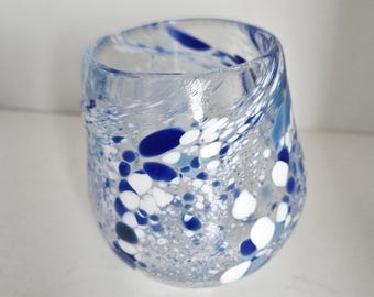 Hand Blown Confetti Glass Votive Holder or Small Glass Shades of Blue