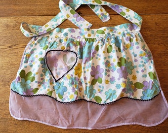 Vintage Reversible Half Apron Purple Floral with Pocket Chiffon and Cotton