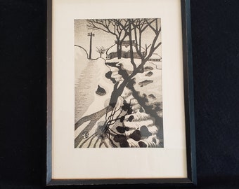 Framed Japanese Woodblock Print by Gihachiro Okuyama Mid Century Snowy Road
