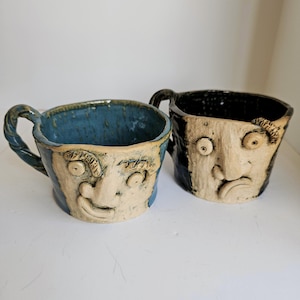 Handmade Pottery Pair of Funny Face Mugs