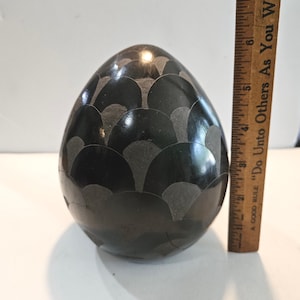 Black Clay Mexican Pottery 6 Inch Egg with Etched Design Signed V. Silva