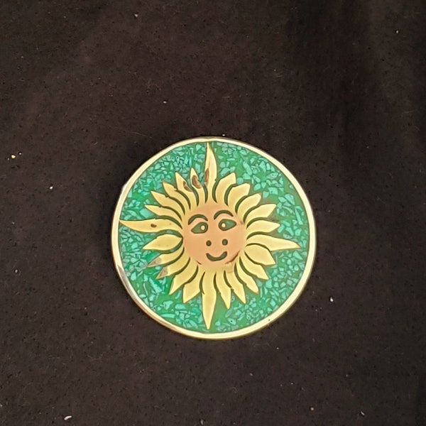 Mixed Metal Brooch Pendant Sun with Stone Chip Inlay Background