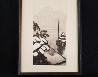 Framed Woodblock Print Boat Japanese Mid Century