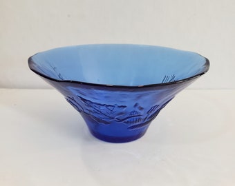Vintage Blue Pressed Glass Bowl with Floral Design