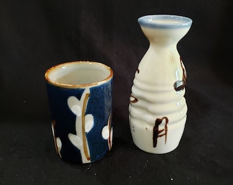 Vintage Ceramic Saki Bottle and Otigiri Cup Made in Japan