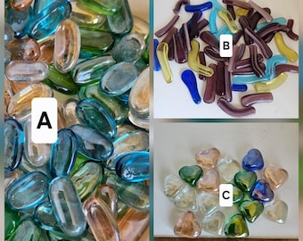 Assorted Glass Gems with Flat Backs: Oblong, Squiggle, and Hearts