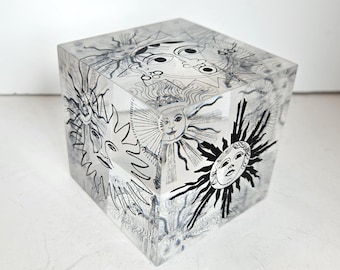 Clear Cube Lucite or Acrylic Paperweight with Black Graphic Sun Illustrations