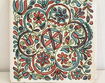 Vintage Wheeling Cushion Co. Decorative Tile or Trivet in a Floral PA Dutch Style