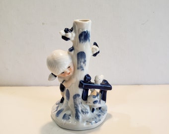 Blue and White Ceramic Figurine Bud Vase with Girl, Dog and Bird
