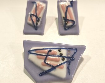 Vintage Fused Glass Jewelry Set: Abstract Brooch and Earrings