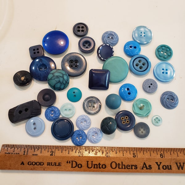 Vintage Lot of 37 Blue Assorted Buttons