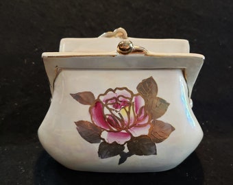 Vintage Lustreware Ceramic Handbag Planter with Hand Painted Rose