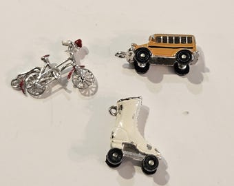 Lot of 3 Charms School Bus, Bike and Roller Skate
