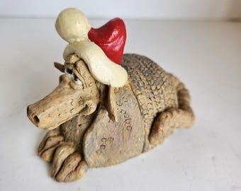 Handmade Ceramic Santa Armadillo Figurine Signed