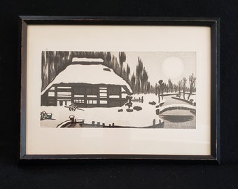 Framed Japanese Woodblock Print by Gihachiro Okuyama Mid Century Snowy House