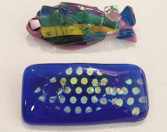 Pair of Fused Glass Fish Brooches with Dichroic Glass