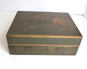 Vintage Hand Painted Wood Box Green and Gold Butterfly and Flowers