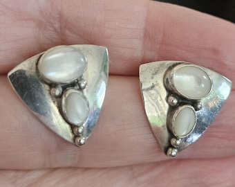 Sterling Silver and Gemstone Post Earrings Triangular with Cabochons