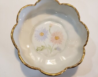 Hand Painted Porcelain Berry Bowl with Pink and Blue Daisies