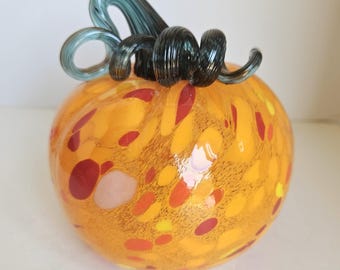 Hand Blown Glass Speckled Orange Pumpkin with Twisted Stem
