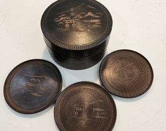 Vintage Round Carved Top Wood Box with 3 Matching Coasters Japan
