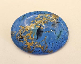 Enameled Oval Brooch Abstract Turquoise Blue and Gold Made in Austria